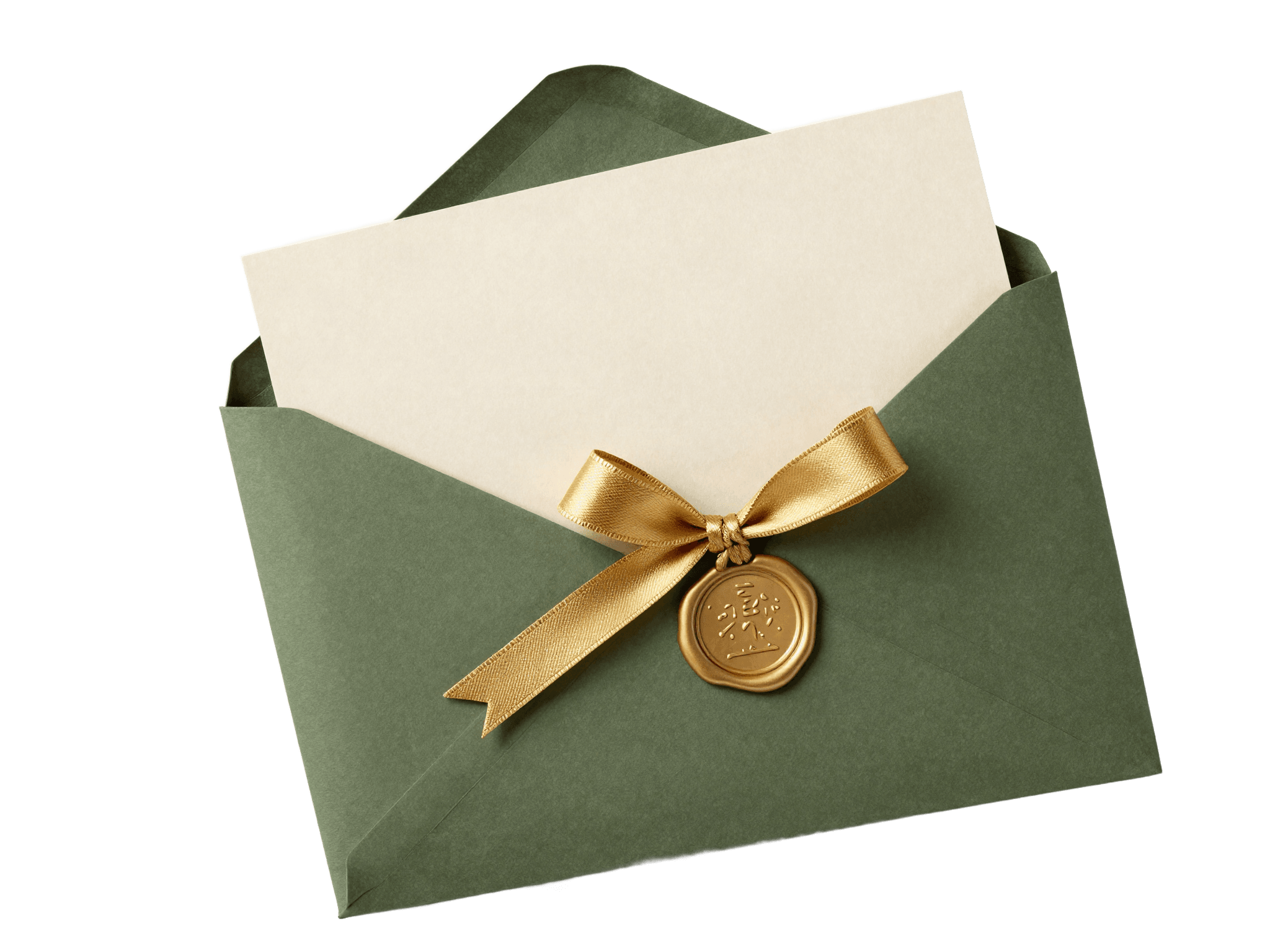 Olivgrüner Umschlag mit goldener Schleife und Siegel